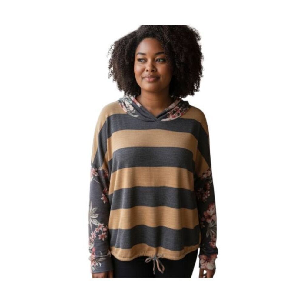 ACTING PRO FLORAL & STRIPE GRAY, YELLOW, & PINK HOODIE SZ.2XL EUC.